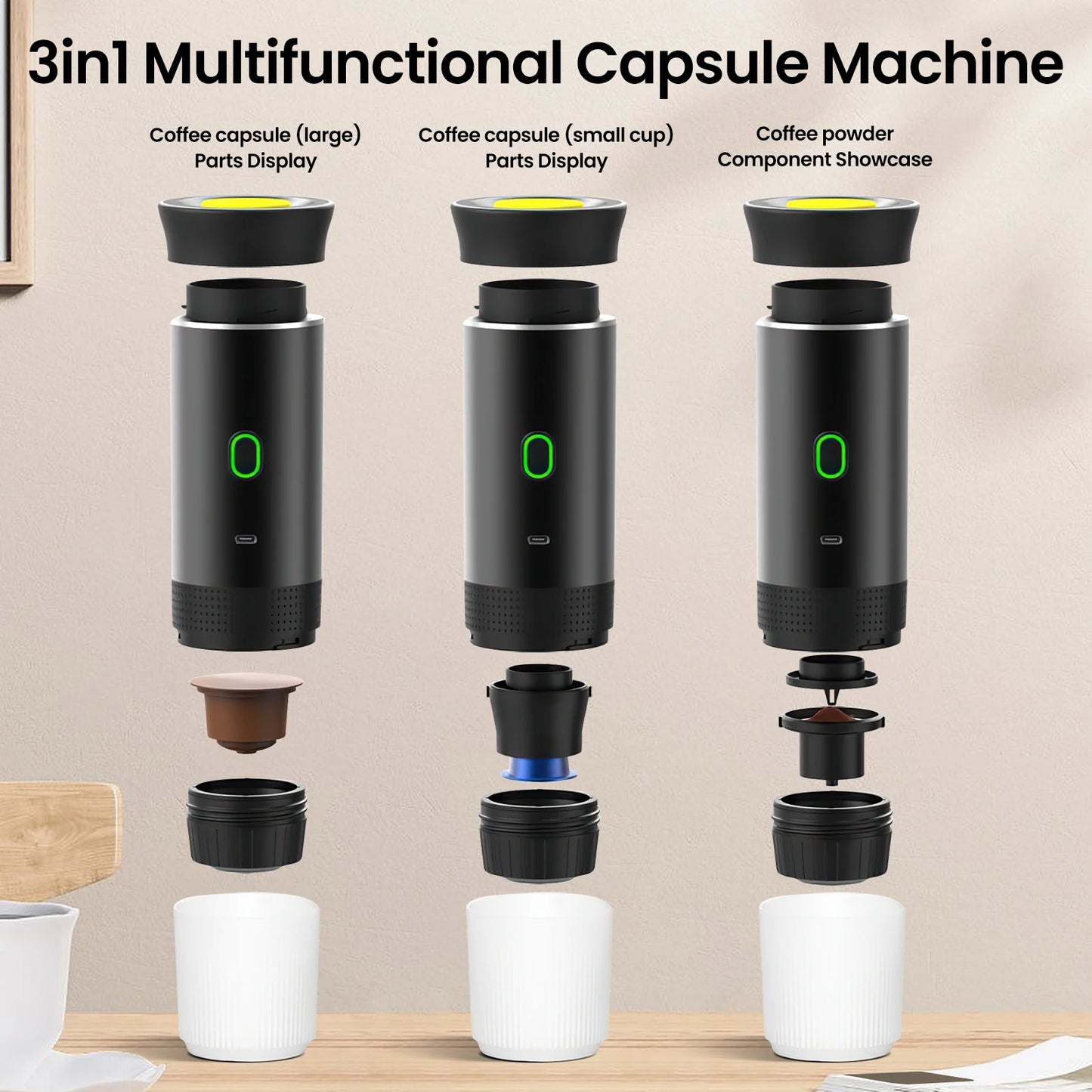 3-in-1 Wireless Electric Portable Espresso Coffee Machine for Car & Home Camping Coffee Maker Capsule Powder Travel Coffee Maker